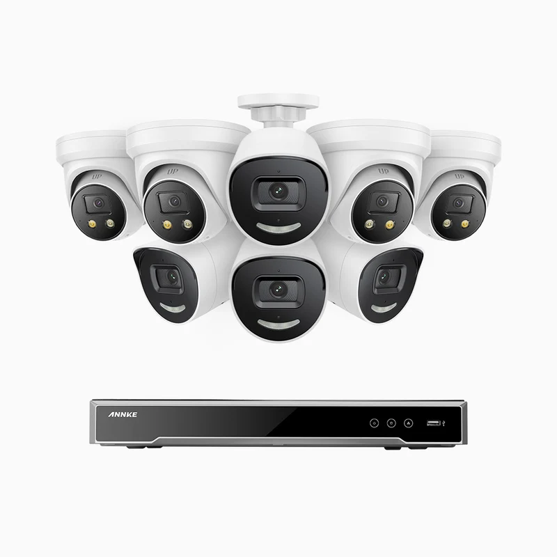 H800X - Kit de vigilancia PoE de 4K con 4 cámara bullet y 4 cámaras domo y videograbador NVR de 8 canales, alarma de sirena y estroboscópica, audio bidireccional, detección de personas y vehículos, protección del perímetro, funciona con Alexa