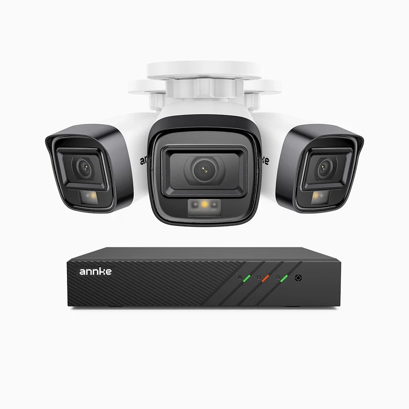 H500 - Kit de 3 cámaras de vigilancia PoE de 3K con videograbador NVR de 8 canales, Visión nocturna inteligente de doble luz, 3072 × 1728 a 20 fps, detección inteligente de personas y vehículos, micrófono integrado, IP67