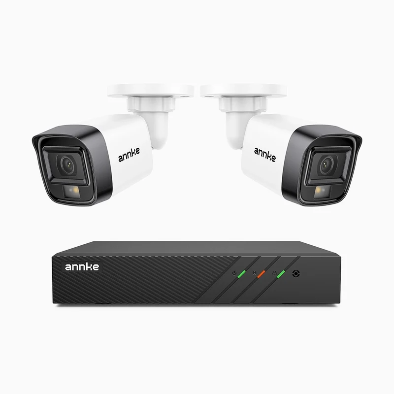 H500 - Kit de 2 cámaras de vigilancia PoE de 3K con videograbador NVR de 8 canales, Visión nocturna inteligente de doble luz, 3072 × 1728 a 20 fps, detección inteligente de personas y vehículos, micrófono integrado, IP67