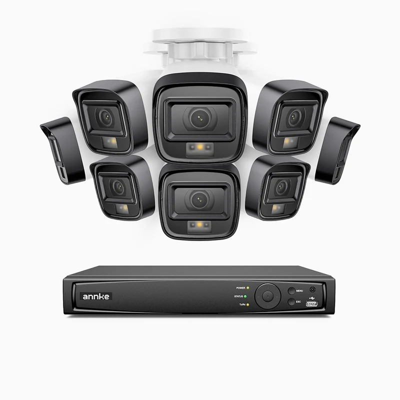 H500 - Kit de 8 cámaras de vigilancia PoE de 3K con videograbador NVR de 16 canales, Visión nocturna inteligente de doble luz, 3072 × 1728 a 20 fps, detección inteligente de personas y vehículos, micrófono integrado, IP67