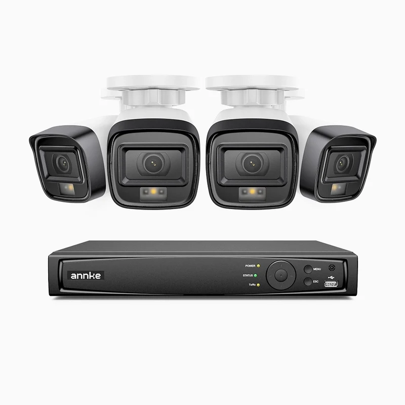 H500 - Kit de 4 cámaras de vigilancia PoE de 3K con videograbador NVR de 4 canales, Visión nocturna inteligente de doble luz, 3072 × 1728 a 20 fps, detección inteligente de personas y vehículos, micrófono integrado, IP67