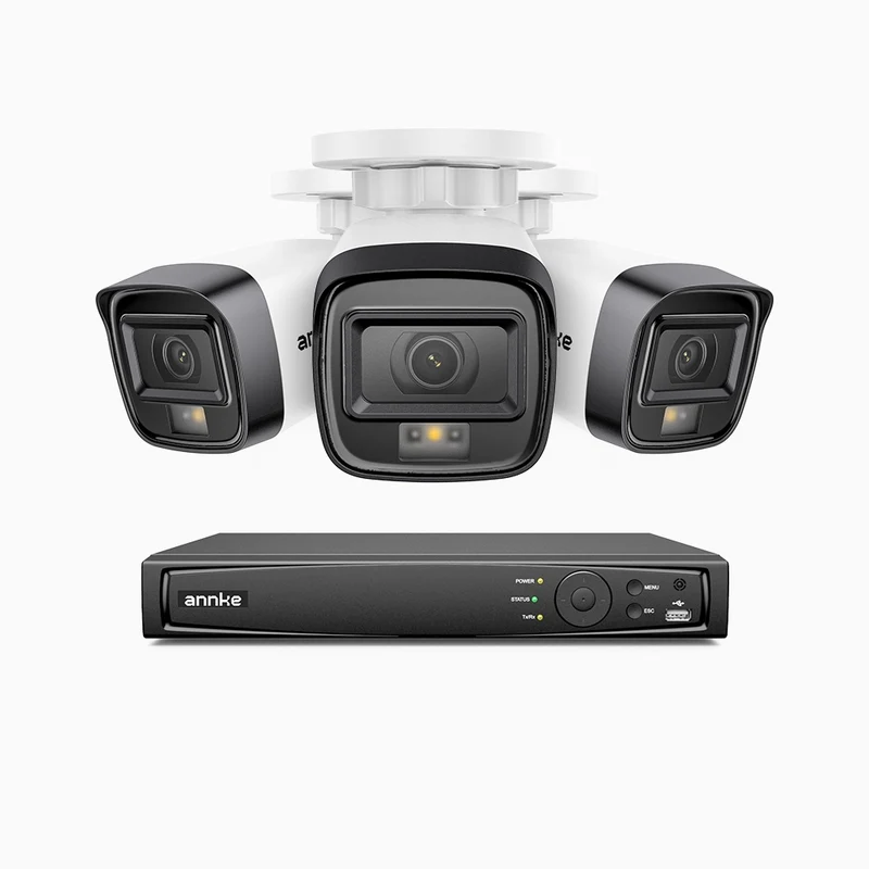 H500 - Kit de 3 cámaras de vigilancia PoE de 3K con videograbador NVR de 4 canales, Visión nocturna inteligente de doble luz, 3072 × 1728 a 20 fps, detección inteligente de personas y vehículos, micrófono integrado, IP67