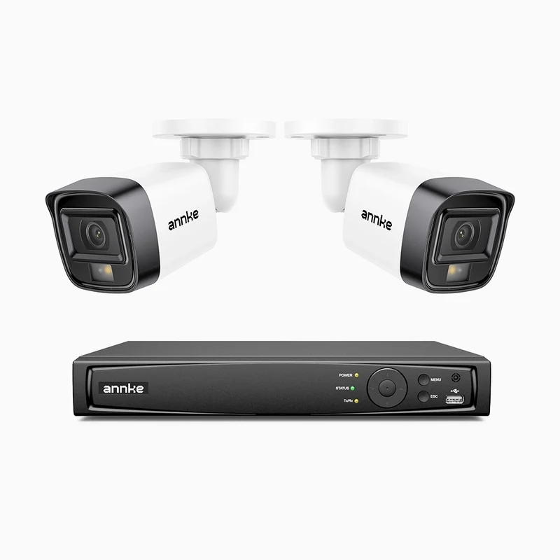 H500 - Kit de 2 cámaras de vigilancia PoE de 3K con videograbador NVR de 4 canales, Visión nocturna inteligente de doble luz, 3072 × 1728 a 20 fps, detección inteligente de personas y vehículos, micrófono integrado, IP67