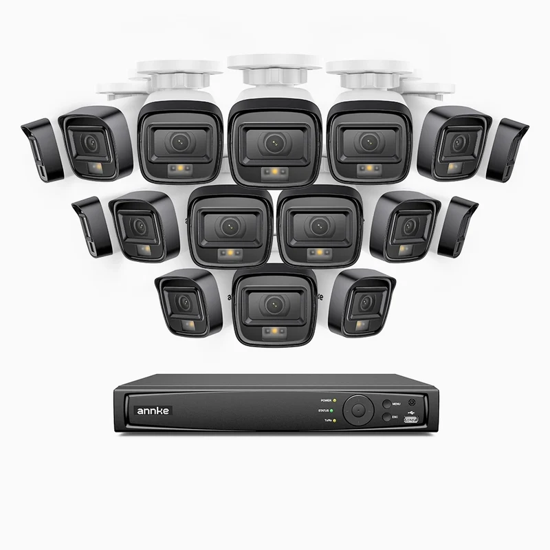 H500 - Kit de 16 cámaras de vigilancia PoE de 3K con videograbador NVR de 16 canales, Visión nocturna inteligente de doble luz, 3072 × 1728 a 20 fps, detección inteligente de personas y vehículos, micrófono integrado, IP67