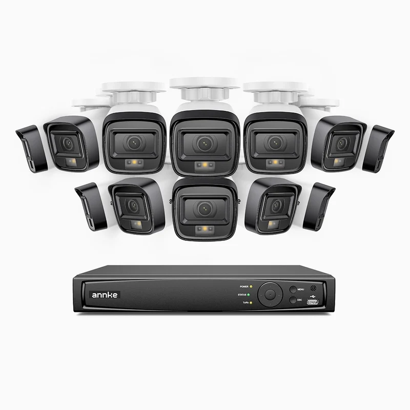 H500 - Kit de 12 cámaras de vigilancia PoE de 3K con videograbador NVR de 16 canales, Visión nocturna inteligente de doble luz, 3072 × 1728 a 20 fps, detección inteligente de personas y vehículos, micrófono integrado, IP67