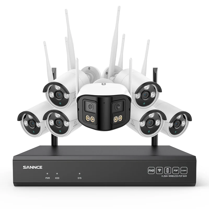 5MP 16-Channel Wireless CCTV System, 8MP NVR, WiFi IP Cameras, AI Audio, Human Detection, Works with Alexa (1x4MP Dual-Lens Camera + 6x3MP Night Vision Cameras)
